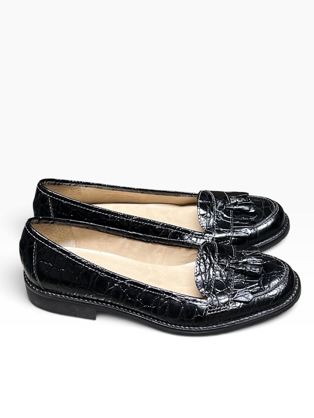 Talbots black croc embossed leather chunky tassel loafers Made in Brazil